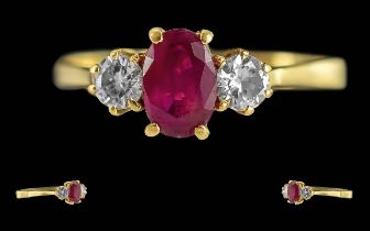 Ladies - Excellent Quality 18ct Gold 3 Stone Ruby and Diamond Set Ring.