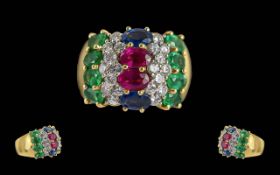 Ladies - Superior Quality 18ct Gold Emerald, Diamond, Ruby and Sapphire Set Dress Ring.