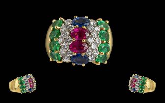 Ladies - Superior Quality 18ct Gold Emerald, Diamond, Ruby and Sapphire Set Dress Ring.