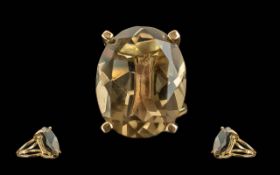 Ladies 9ct Gold - Large Single Stone Smoky Topaz Set Statement Ring, Open worked Fashion Design.