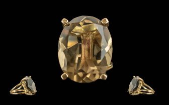 Ladies 9ct Gold - Large Single Stone Smoky Topaz Set Statement Ring, Open worked Fashion Design.