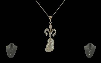 Antique Period 15ct Gold Ladies Diamond and Pearl Set Pendant Drop with Attached Later 9ct Gold