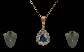 Ladies - Attractive 18ct Gold Diamond and Sapphire Set Pear Shaped Pendant Drop,