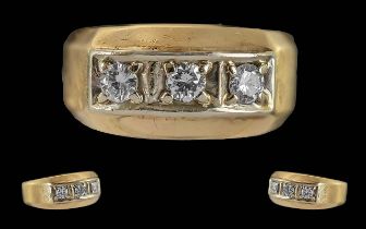 Gents 14ct Gold Solid Shank 3 Stone Diamond Set Ring. Marked 14ct to Interior of Shank.
