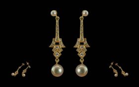 Ladies Fine Pair Of Exquisite 18ct Gold, Diamond And Pearl Set Drop Earrings - Gold Marks To Post.