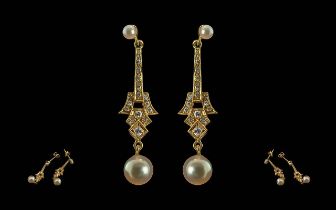 Ladies Fine Pair Of Exquisite 18ct Gold, Diamond And Pearl Set Drop Earrings - Gold Marks To Post.