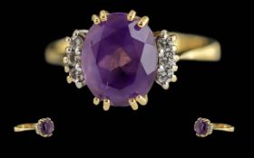 Ladies 18ct Gold - Attractive Amethyst and Diamond Set Dress Ring. Marked to Interior of Shank.