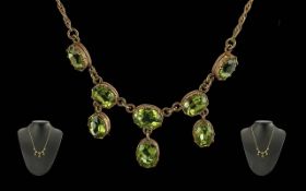 Antique Period Ladies 9ct Gold Peridot Set Necklace, Well Matched Peridots of Good Colour / Clarity.