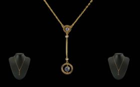 Antique Period Ladies 9ct Gold Seed Pearl and Sapphire Necklace with Drop. Marked 9ct.