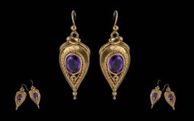 Ladies 9ct Gold Amethyst Set Ornate Drop Earrings.