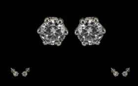 Ladies Fine Pair of 18ct White Diamond Set Stud Earrings. Marked 18ct To Each Earring.