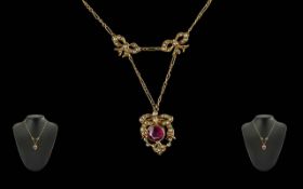 Antique Period Pleasing Quality & Exquisite Ladies 15ct Gold Ruby and Pearl Set Ornate Small