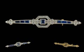 Ladies Stylish 14ct Gold Sapphire and Diamond Set Brooch. Marked 14ct.