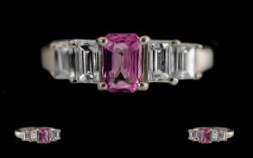 Ladies 18ct White Gold Diamond and Pink Tourmaline Set Dress Ring. Marks Rubbed Tests High Ct Gold.