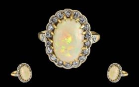 Ladies Pleasing Quality 18ct Gold Opal and Diamond Set Cluster Ring. Marked 18ct to Shank.
