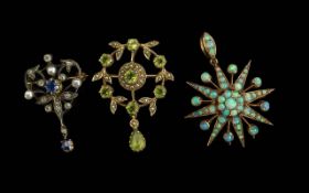 Antique Period - A Fine Trio of 9ct and 18ct Small Enamel Brooches, Set with Opals, Peridot,