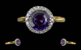 Ladies - Excellent Quality 18ct Gold Amethyst and Diamond Set Cluster Ring,