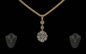 Antique Period Excellent 18ct Gold Diamond Set Pendant Drop - Attached to a Later 9ct Gold Chain.