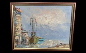 Oil on Board Painting of a marina with b