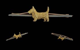 Antique Period 9ct Gold Fox Terrier Figural Stick Brooch, Marked 9ct. With Display Box. Weight 5.7