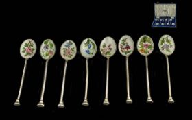 Ollivant - Botsford Boxed Set Of Six Sterling Silver And Enamel Tea Spoons - Spring Flowers
