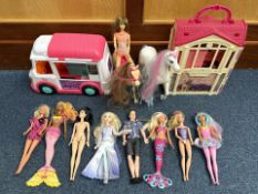 Large Basket of Barbie Dolls, mermaid dolls, horses, Beauty Parlour, Tiffany's World Food Truck,