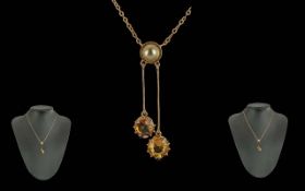 Ladies Pleasing 9ct Gold Necklace And Drop - Set With Citrines & Pearls, Circa 1920's. Marked 9ct.