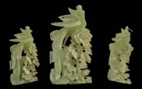 Chinese Jade Carved Statue Depicting a Bird Sitting on Top of a Flowering Branch. Very Decorative