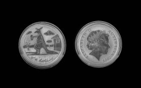 Australian Perth Mint Elizabeth II Proof Struck One Oz Fine Silver Kangaroo Coin, Purity 999, Date