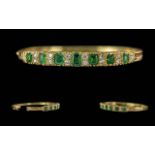 Antique Period - Excellent Quality Ladies 18ct Gold Emerald and Diamond Set Hinged Bangle In