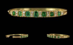 Antique Period - Excellent Quality Ladies 18ct Gold Emerald and Diamond Set Hinged Bangle In
