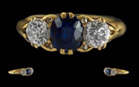 Antique Period Ladies 18ct Gold 3 Stone Diamond and Sapphire Set Dress Ring, Marked 18ct to Shank.