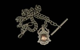 Edwardian Period 1902 - 1910 Sterling SIlver Double Albert Chain with T-Bar, Fob and Medal. All