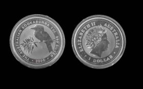 Perth Mint Elizabeth II Australia Kookaburra One Oz Fine Silver Coin - Date 2000. Purity 999, In