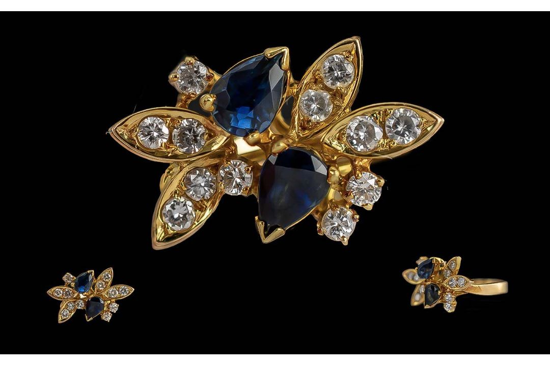 Mikimoto Signed Ladies 18ct Gold Sapphire / Diamond Set Ring with Mikimoto Logo and Hallmark to