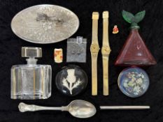 Lacquered Box Containing a Collection of Miscellaneous, containing scent bottle, watch, badges,