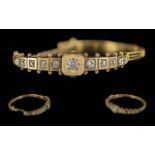 Antique Period Ladies 15ct Gold Diamond Set Hinged Bangle with Safety Chain. Tests 15ct. Excellent