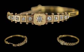 Antique Period Ladies 15ct Gold Diamond Set Hinged Bangle with Safety Chain. Tests 15ct. Excellent