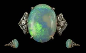 Antique Period Ladies 18ct Gold Opal and Diamond Set Dress Ring, Marked 18ct to Shank. Closed Back