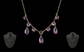 Victorian Period Ladies Fine 9ct Gold Necklace, Set with Amethysts. Pleasing Design, Marked 9ct.