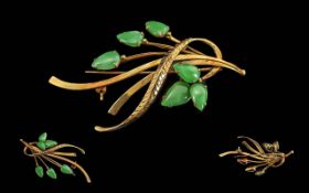 Ladies Quality 14ct Jade Set Flower Spray Brooch. Marked 585 - 14 ct. The Jade of Excellent