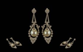 Edwardian Period 1902 - 1910 Ladies Excellent and Stylish 18ct White Gold Diamond and Pearl Set Pair
