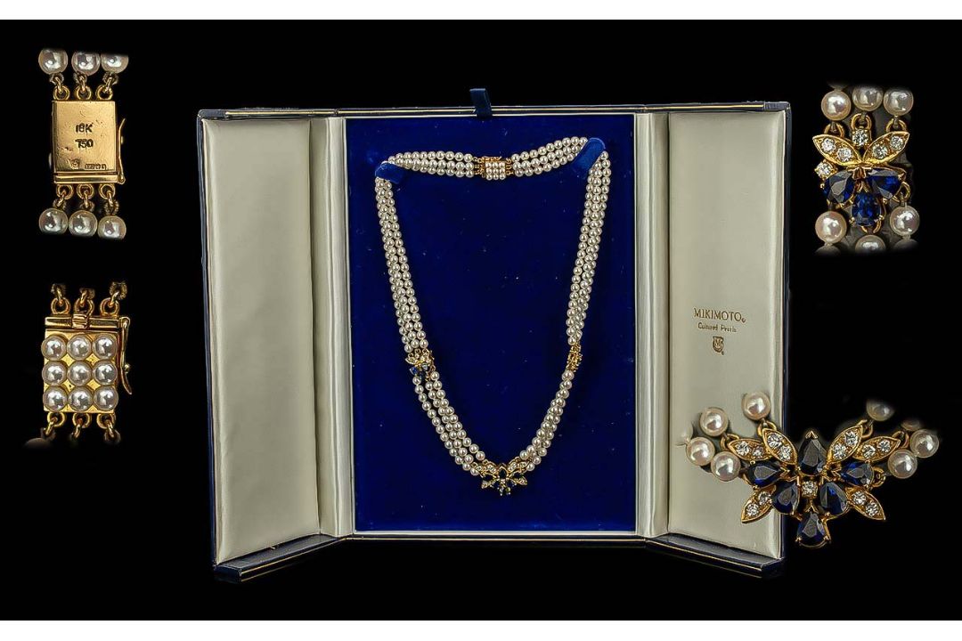 Mikimoto Signed Ladies Triple Strand Cultured Pearl Necklace - With 18ct Gold Sapphire & Diamond - Image 5 of 5