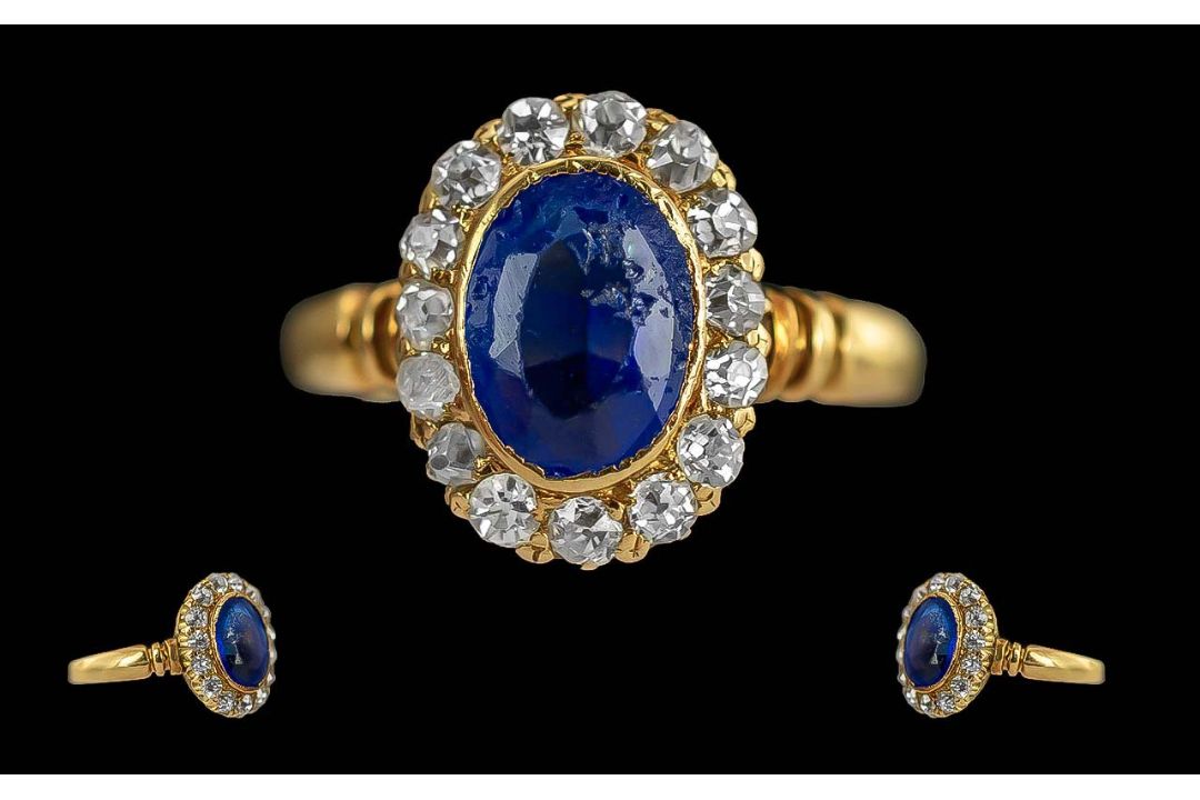 Ladies 1920's 18ct Gold Sapphire and Diamond Set Cluster Ring, Not Marked but Tests 18ct Gold. The