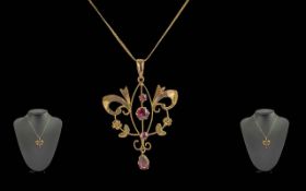 Ladies 9ct Gold Open Worked Gem Set Pendant - Attached To A 14ct Gold Chain. Marked 14ct. Pleasing