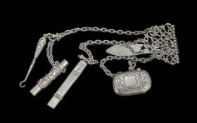 Victorian Period 1837 - 1901 Pleasing Sterling Silver Ornate Chantelaine with Suspended SIlver Items