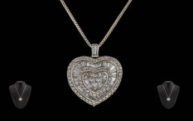 Ladies - Fine Quality 18ct White Gold Baguette and Brilliant Cut Diamonds Set Heart Shaped Pendant