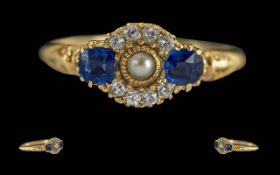 Antique Period Ladies Exquisite 18ct Gold Diamond, Sapphire and Pearl Set Ring. c.1880's. Tests
