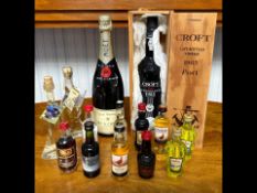 Box Containing Assorted Alcohol, including a bottle of Moet & Chandon, 1985 Croft Port, and