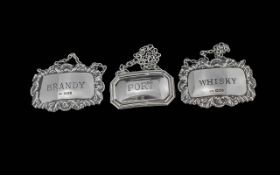 Elizabeth II - Fine Trio of Sterling Silver Spirit Labels. Includes Whisky, Brandy and Port.